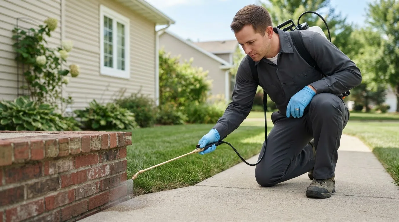 Pest control technician treating a home near Angelica, NY
