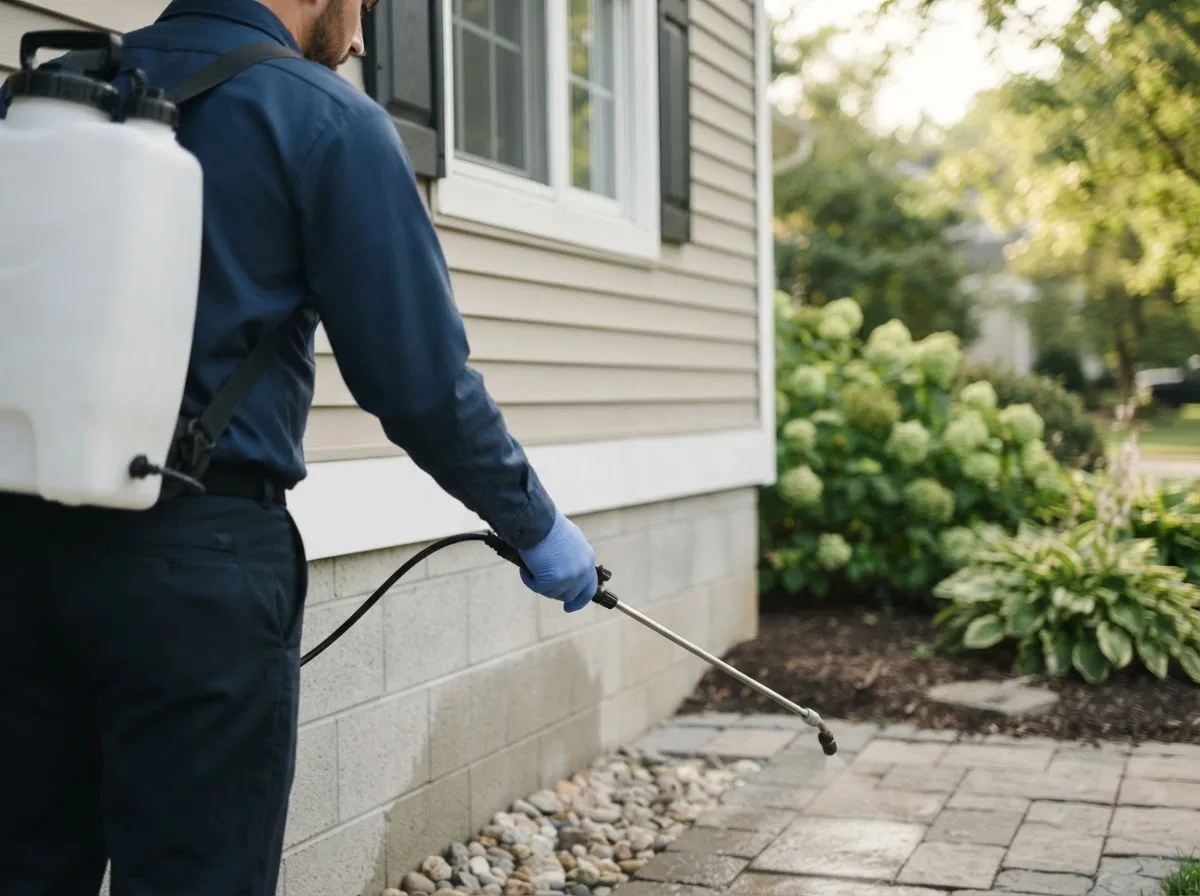 Pest control technician inspecting a home in Angelica, NY